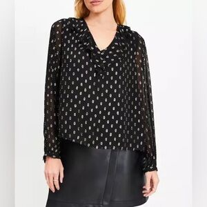 Loft | floral deep navy blue blouse v neck, elastic wrists, size M